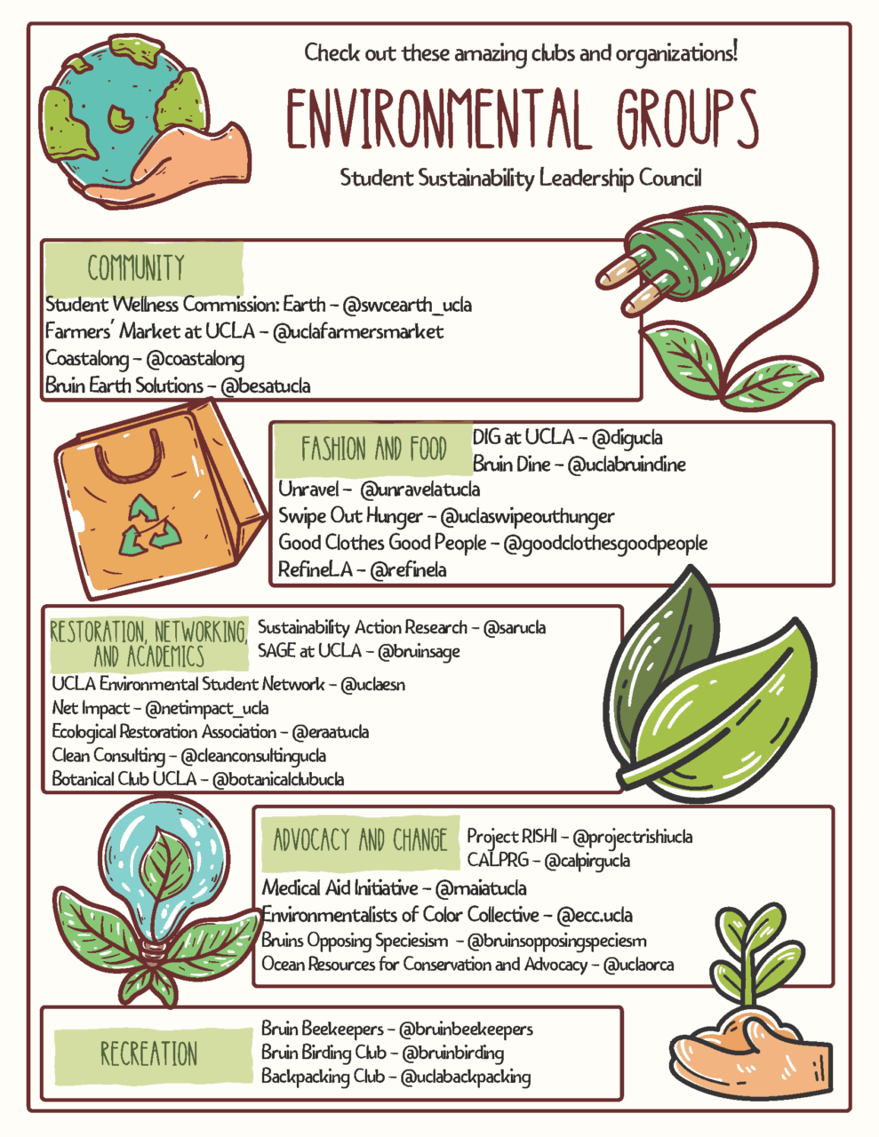 Vertical rectangular flyer in color - visual of a small earth in hand in upper left, then text across the top: "Check out these amazing clubs and organizations! ENVIRONMENTAL GROUPS Student Sustainability Leadership Council"; smaller boxes and graphics below with names of UCLA student environmental organizations and their Instagram handles