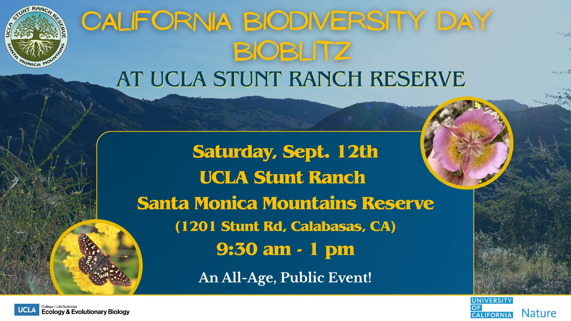 Wide rectangular flyer with green mountain background, flower close-up pictures and event title "California Biodiversity Day Bioblitz"