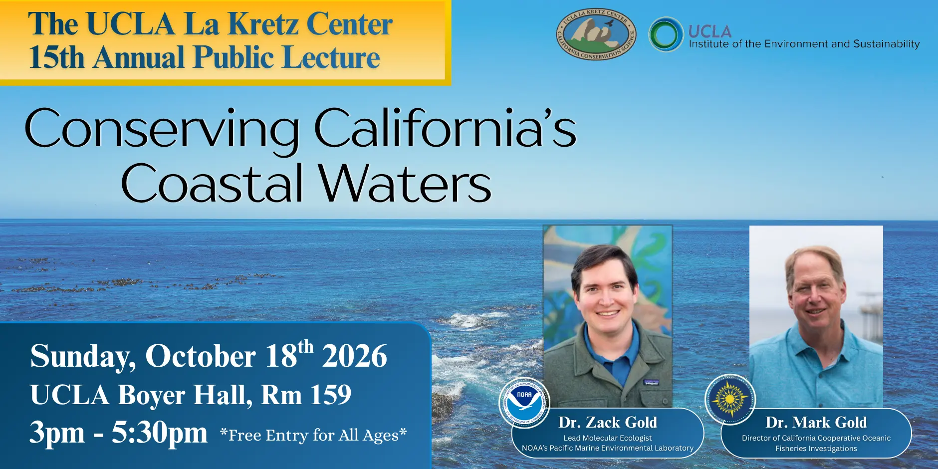 Wide rectangular flyer with background of ocean view from rocky coast and title "The UCLA La kretz Center 15th Annual Public Lecture, Conserving California's Coastal Waters"