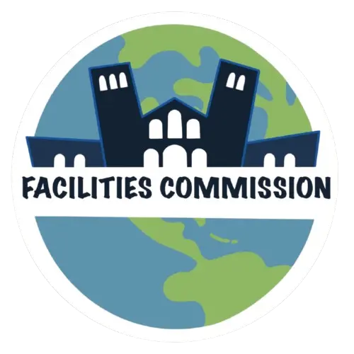 Circular logo with white outline around image of Earth in color (blue and green) with Royce Hall and Facilities Commission text at center