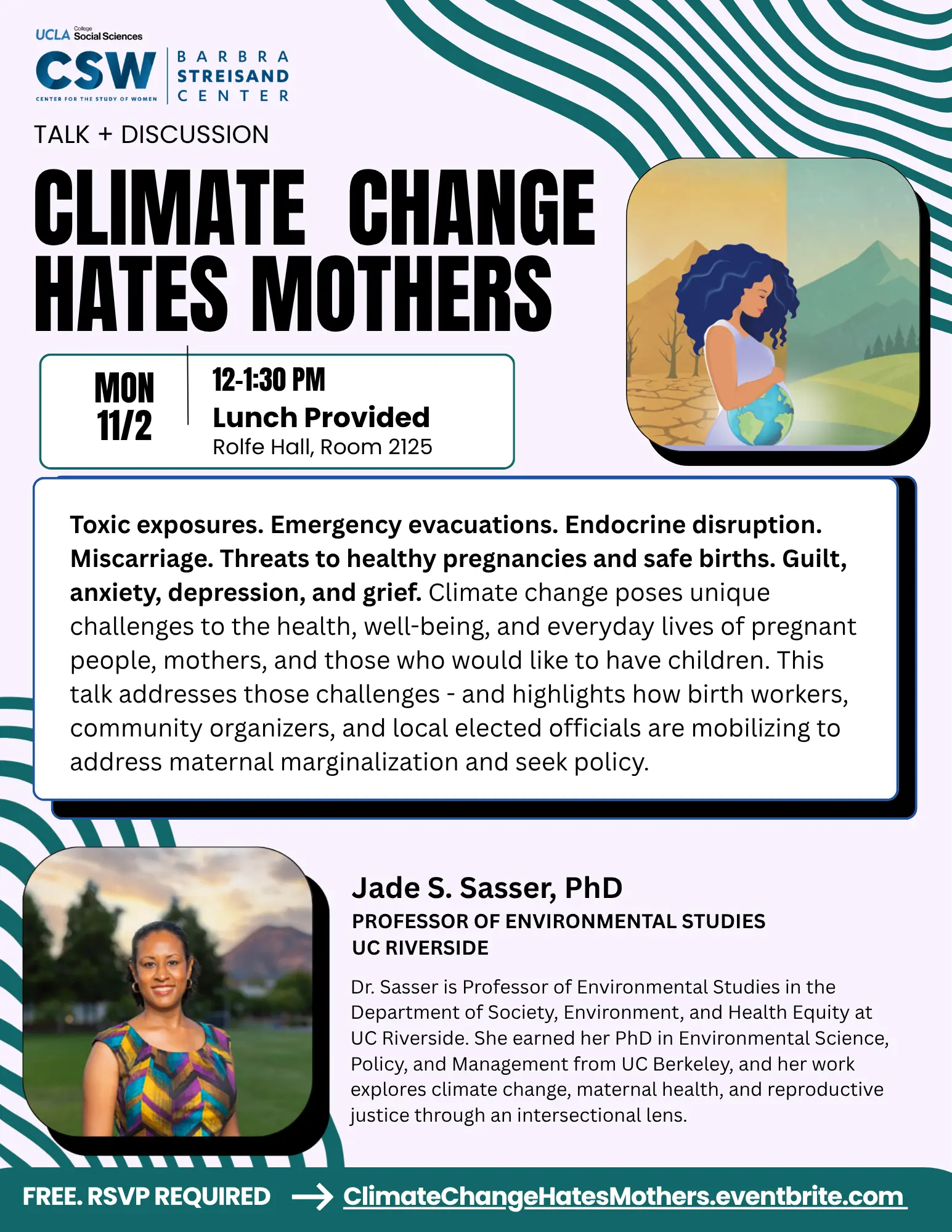 Event flyer with light purple background, vertical orientation, and title "Talk + Discussion Climate Change Hates Mothers"