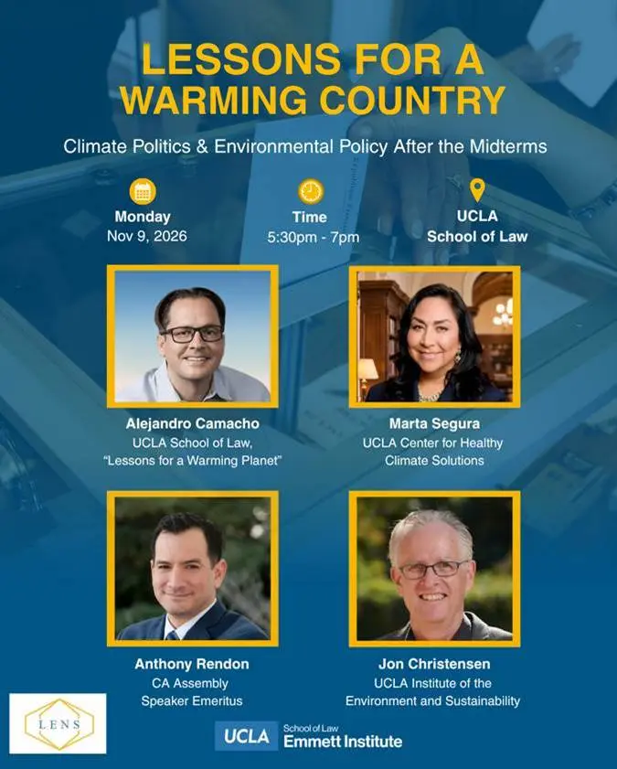 Vertical rectangular flyer with title "Lessons For a Warming Country" and grid of speaker headshots, all over a background image of a ballot box with blue hue