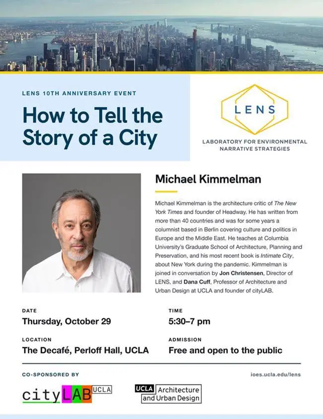 Vertical rectangular event flyer with urban skyline at top, title of "How to Tell the Story of a City" and image of man at midleft and text to right