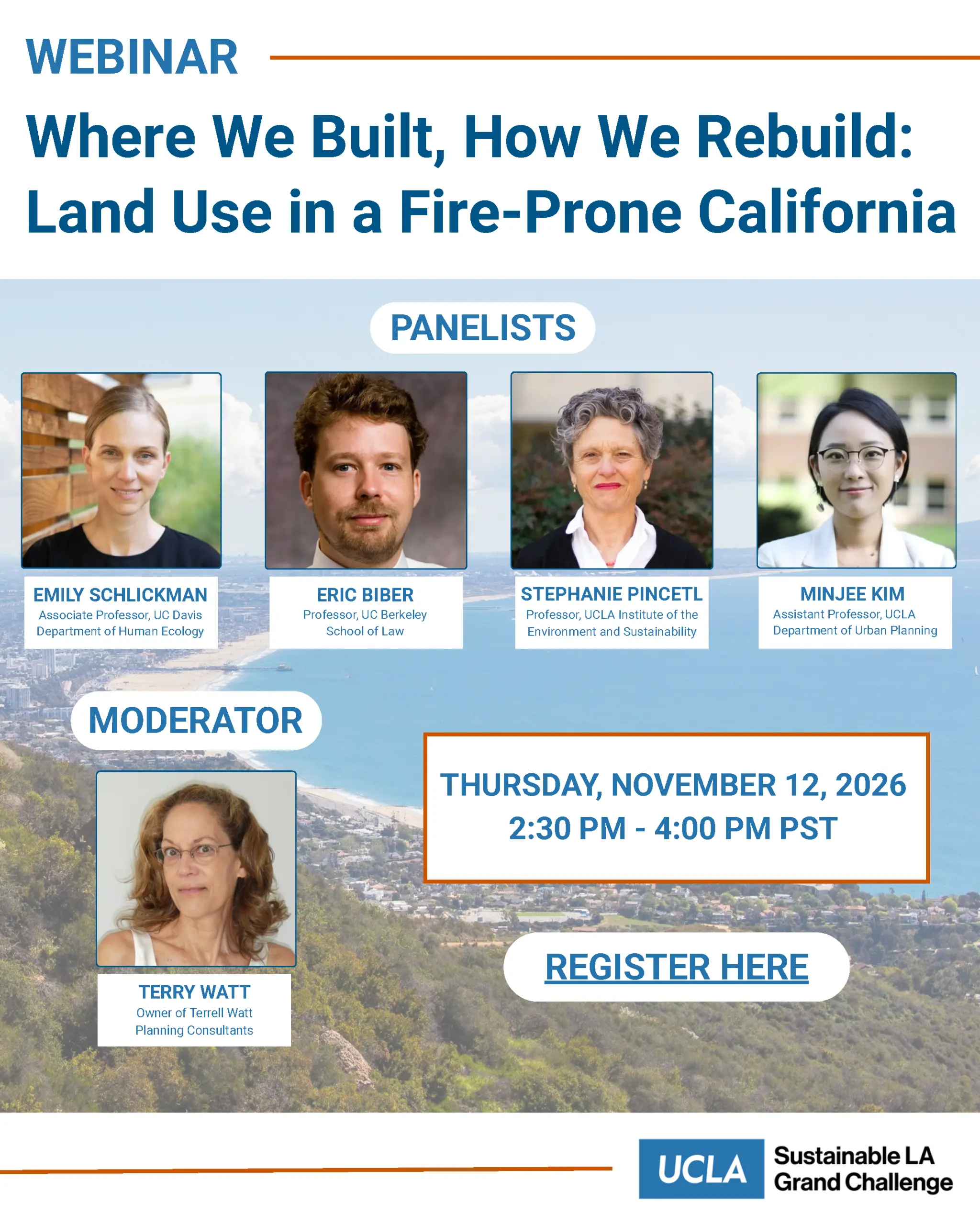 Event flyer with title "WEBINAR Where We Built, How We Rebuild" and 5 speaker headshots over background photo of mountains