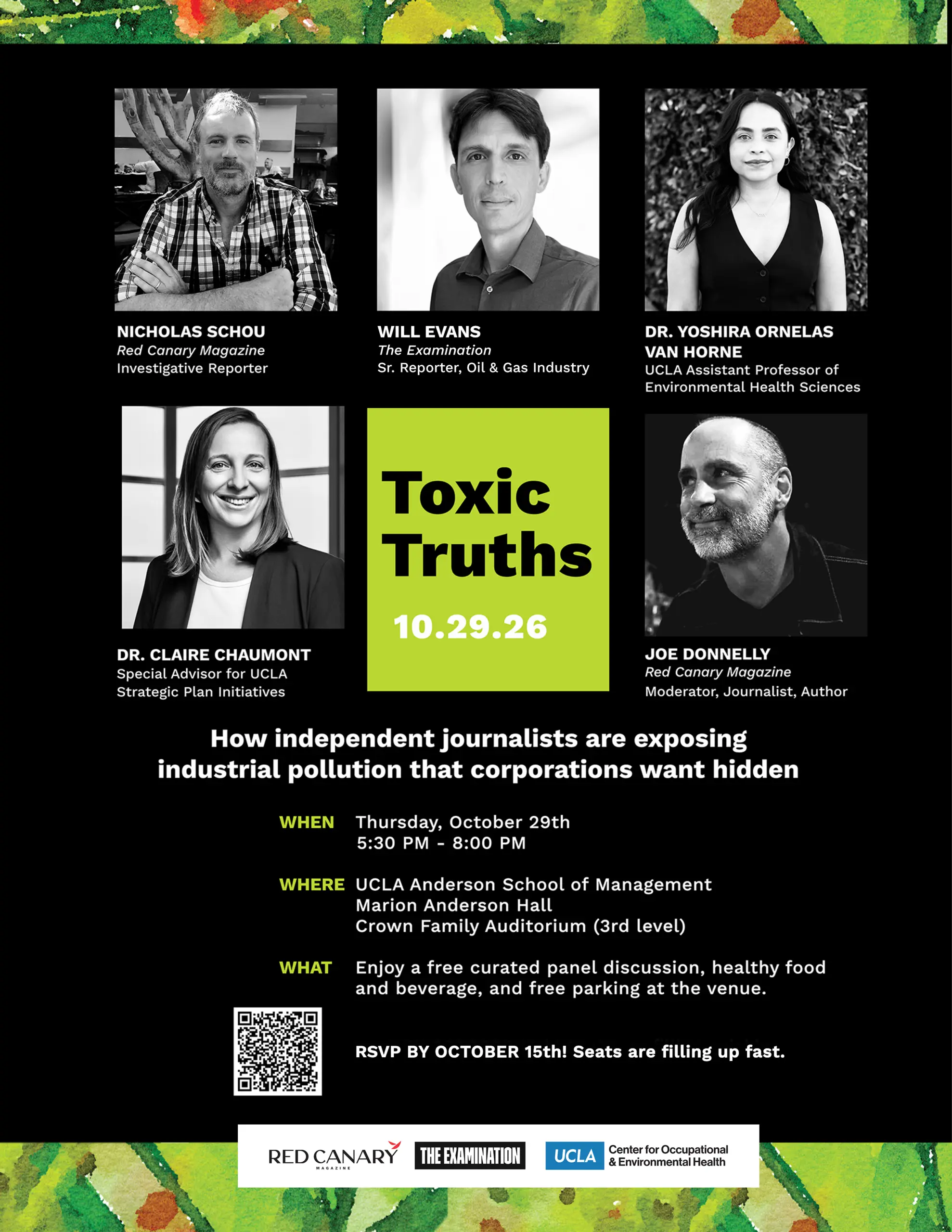 Vertical rectangular graphic with watercolor top and bottom border around black background with square headshot images of 5 people and "Toxic Truths" square at center